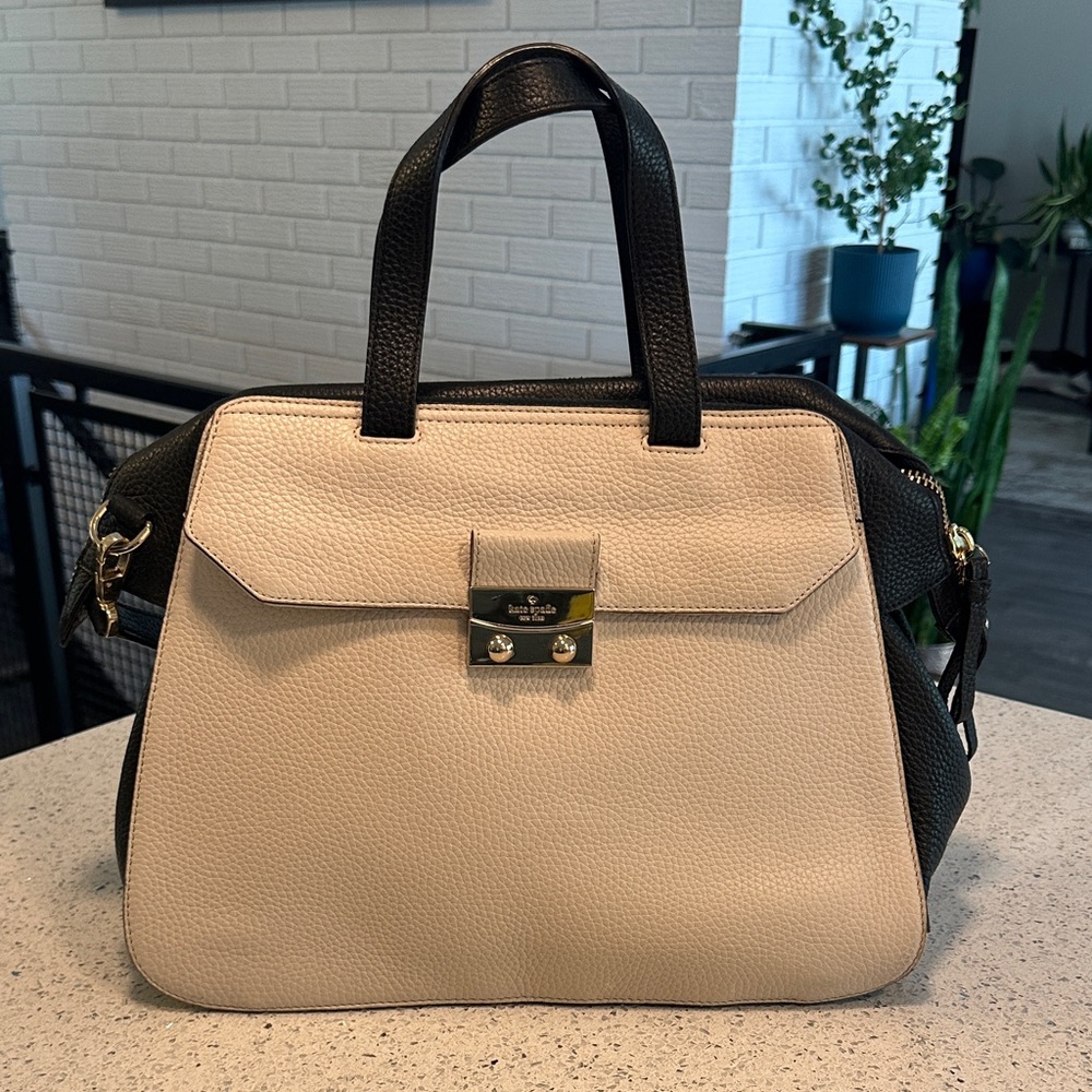 kate spade Two-Tone Black and Cream Leather Satchel with Gold Lock